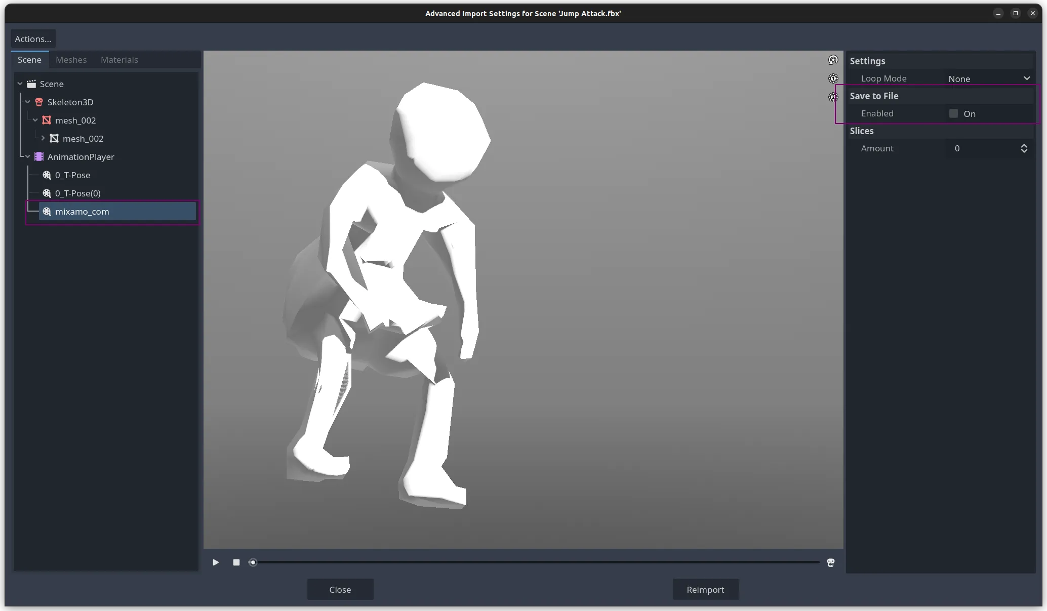 Godot&#x27;s Advanced Import Settings window showing the imported FBX scene tree with AnimationPlayer selected.