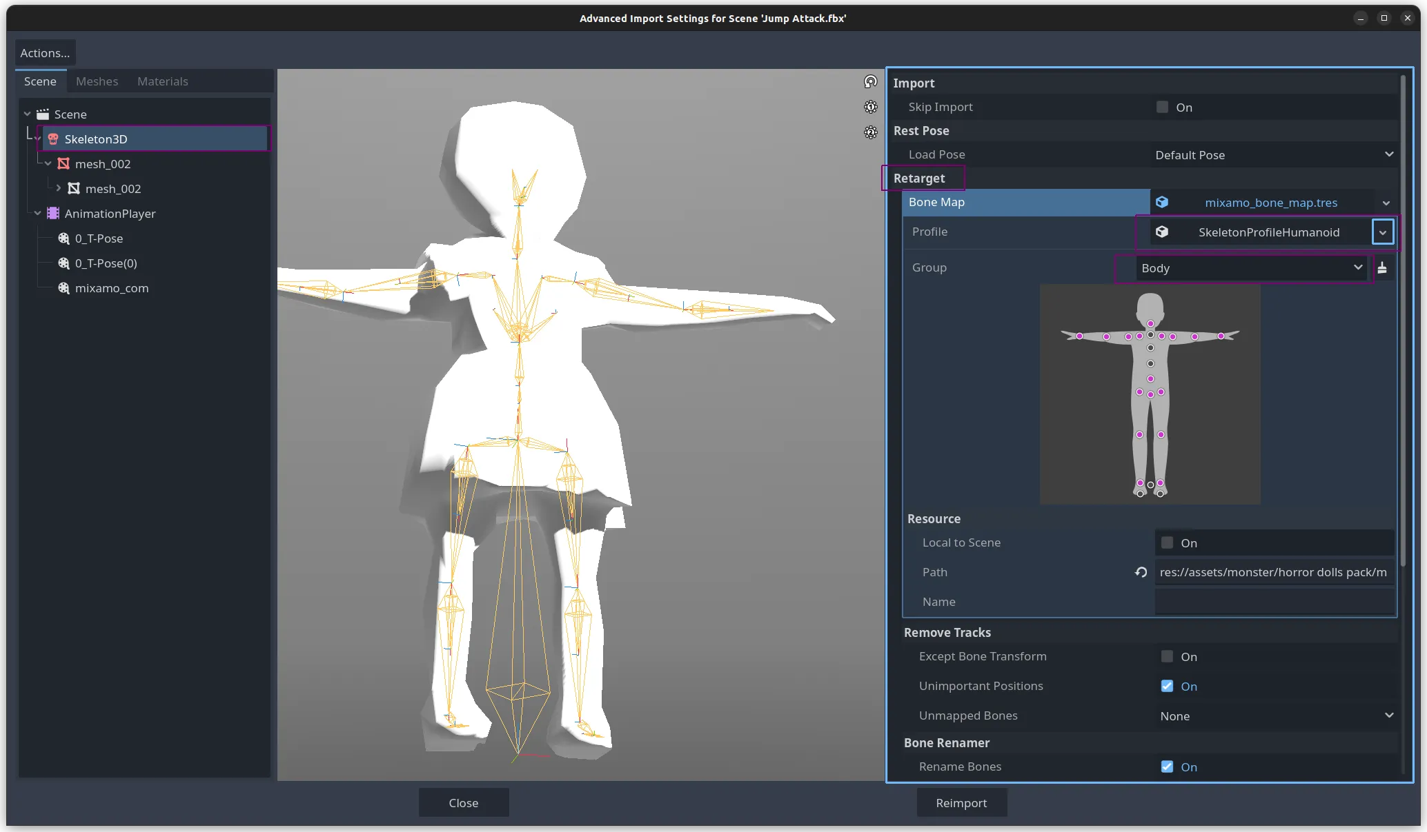 Godot Inspector showing Skeleton3D Retarget section with BoneMap set to SkeletonProfileHumanoid and Body group selected.