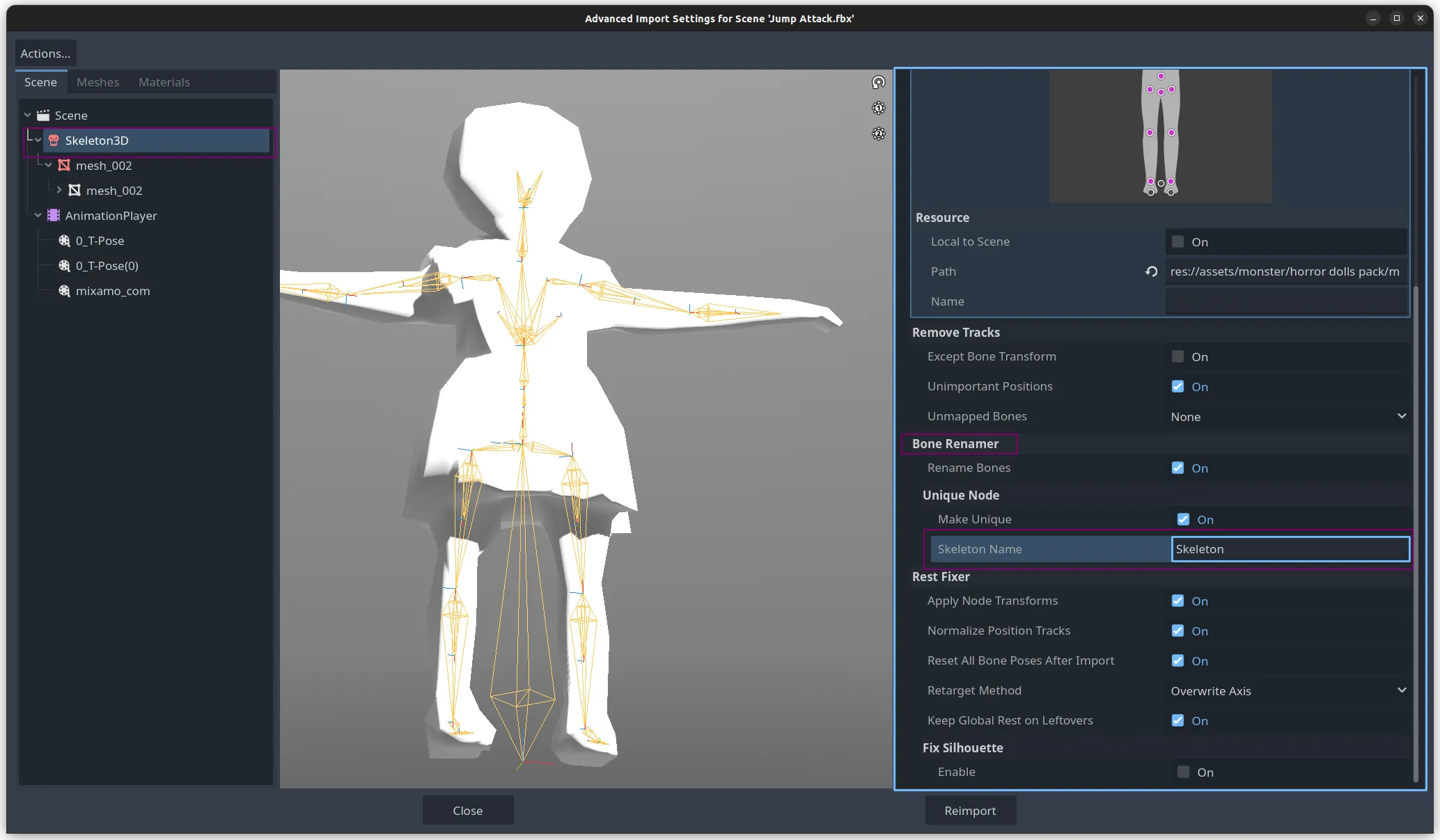 Godot Inspector showing Skeleton3D Bone Renamer section with Skeleton Name field highlighted and set to &#x27;Skeleton&#x27;.
