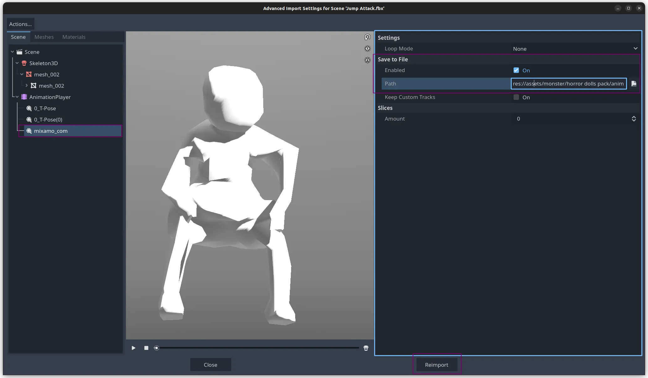 Godot Inspector showing AnimationPlayer settings, highlighting Save to File Enabled checkbox and Path selection for the &#x27;mixamo_com&#x27; animation.