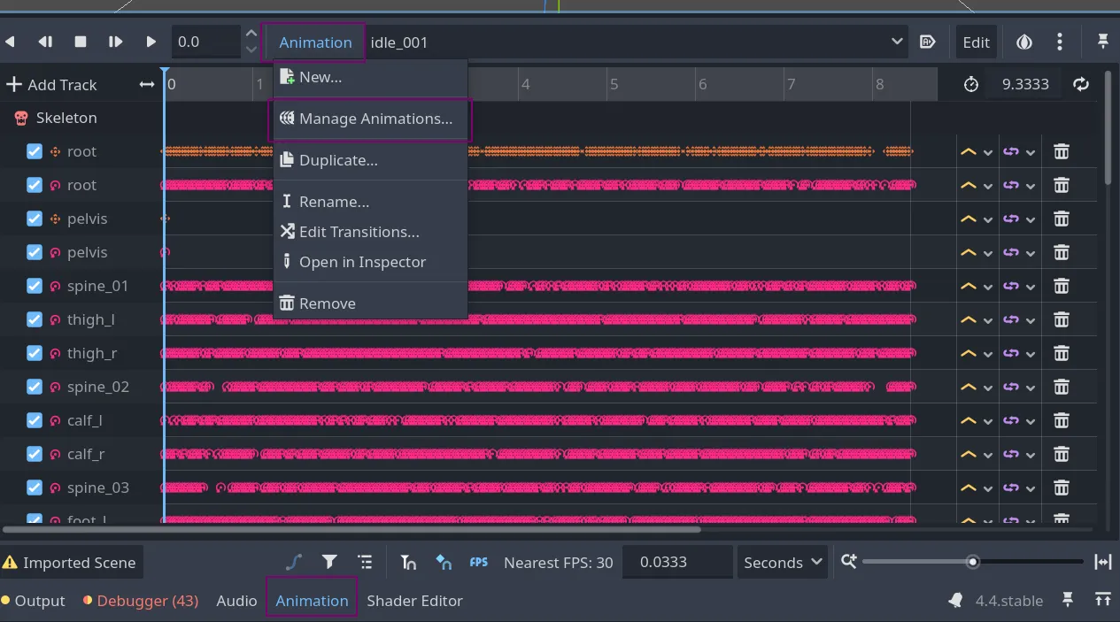 Godot Animation panel with the &#x27;Animation&#x27; dropdown menu open, highlighting &#x27;Manage Animations...&#x27; option.
