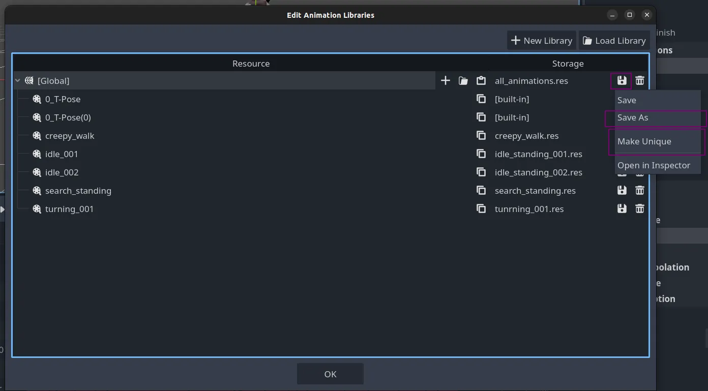 Godot Edit Animation Libraries dialog with the Disk icon menu open, highlighting &#x27;Make Unique&#x27; and &#x27;Save As...&#x27; options.