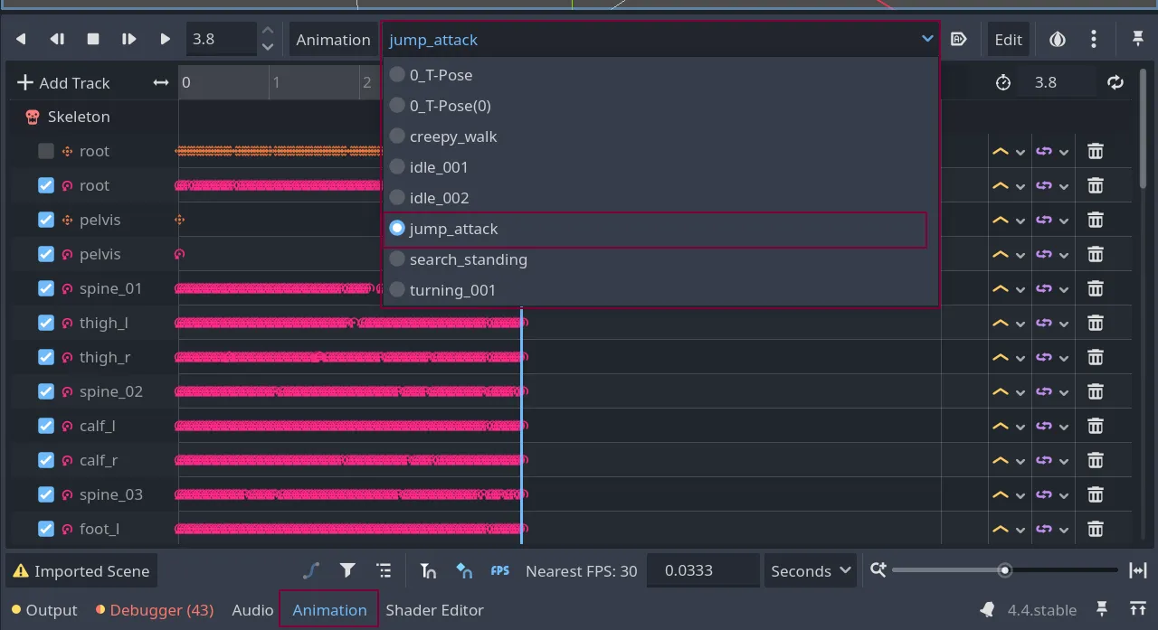 Godot Animation panel showing the animation selection dropdown, with the newly imported &#x27;jump_attack&#x27; animation highlighted.